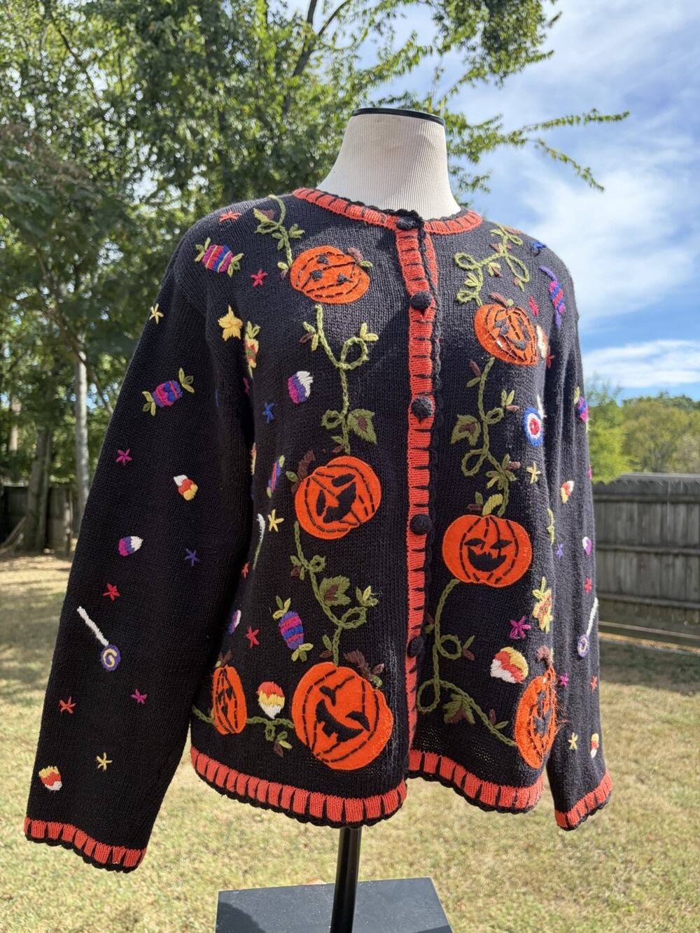 VTG 90s Halloween Pumpkin Candy Corn Cardigan Sweater Chunky Knit Petite Large